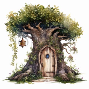 Clipart de porte de tronc d'arbre féerique | 10 fichiers JPG de haute qualité | Téléchargement numérique | Clipart magique | Art fantastique | Cabane dans les arbres | Pack de cliparts d'arbres