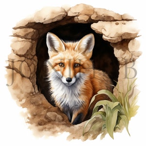 Fox in the Den Clipart | 10 High Quality JPGs | Digital Download | Baby Fox | Fox Graphics | Scrapbook images | Mixed Media, Woodland Animal