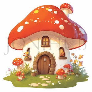 Mushroom House Clipart / 10 JPG di alta qualità / Download digitale / Mestiere con la carta / Casa delle fiabe / Grafica Whimsical House / Mixed Media