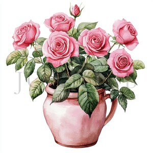 Pink Roses In Pot Clipart | 10 High Quality JPGs | Digital Download | Roses Bouquet | Watercolor Clipart | Paper Craft | Junk Journals | Art
