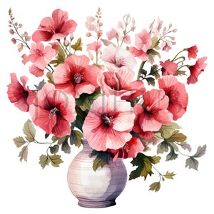 Vase Of Hollyhocks Clipart | 10 High Quality JPG&#39;s | Digital Download | Botanical Clipart | Flower Illustrations | Floral Graphics