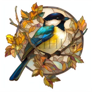Mésange en vitrail | 10 fichiers JPG de haute qualité | Téléchargement numérique | Impressions numériques | Art d'oiseau | Graphiques d'oiseaux en vitrail | Art imprimable