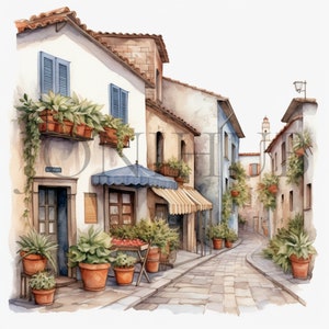 Italian Village Streets Clipart | 10 High Quality JPG&#39;s | Digital Download | Village Illustration | Travel Clipart | Card Making | Clip Arts