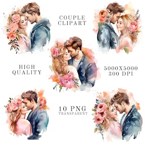 Watercolor Valentine Couple Clipart, 10 High Quality PNGs, Loving Couple Clipart, Valentines Day Couple Clipart, Romantic Couple Clipart