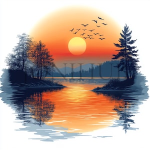 Puede incluir: Una pintura digital de una puesta de sol sobre un lago con árboles a cada lado del agua. El sol es de un naranja y amarillo brillantes, y el cielo es un degradado de naranja, rosa y azul. Hay pájaros volando en el cielo.