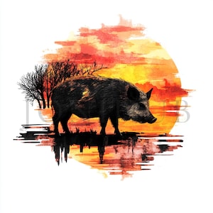 Wild Boar in Sunset Clipart | 10 High Quality JPGs | Digital Download | Digital Paper Craft | Junk Journals | Printable Watercolor Clipart