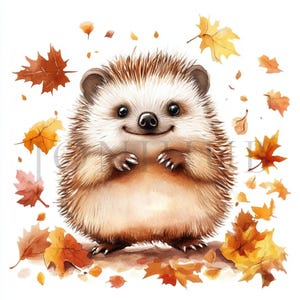 Happy Hedgehog in Autumn Clipart | 10 High Quality JPGs | Digital Download | Paper Craft | Junk Journals | Printable Watercolor Clipart