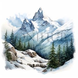 Aquarell Schneebedeckte Berge Clipart | 10 hochwertige JPGs | Digitaler Download | Druckbare Kunst | Aquarell Clipart | Winterlandschaft Kunst