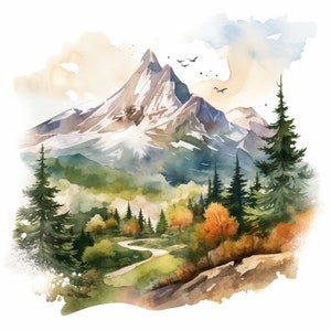 Aquarell Landschaft Clipart | Berg Hintergrund | Waldbaum | Waldkiefern | Hochzeitseinladung JPG | Berg Hintergrund JPG