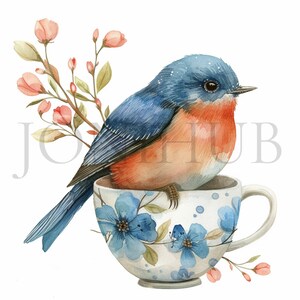 Cute Bird in a Cup Clipart | 10 High Quality JPG&#39;s | Digital Download | Bird Clipart | Adorable Bird | Card Making | Watercolor Painting