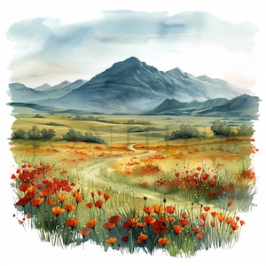 Steppe Landscape Clipart | 10 High Quality JPGs | Digital Download | Watercolor Art | Mixed Media | Card Making | Digital Paper Craft