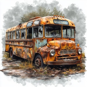 Clipart de autobús abandonado / 10 archivos JPG de alta calidad / Descarga digital instantánea / Clipart de acuarela imprimible / Manualidad de papel digital / Diario basura
