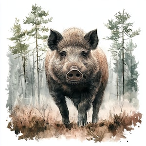 Wild Boar in Forest Clipart | 10 High Quality JPGs | Digital Download | Digital Paper Craft | Junk Journals | Printable Watercolor Clipart