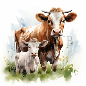 Clipart di mucca e vitello / 10 JPG di alta qualità / Download digitale / Arte della fattoria / Illustrazioni di mucche / Clipart animali / Animali da fattoria / Clipart