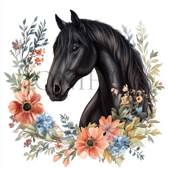 花柄の黒い馬のクリップアート | 10 種類の高品質 JPG | デジタル