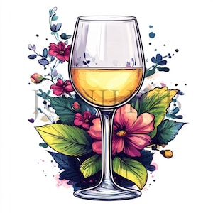 Floral Wine Glass Clipart | 10 High Quality JPG&#39;s | Digital Download | Wine Glass Illustration | Floral Beverage | Clipart | Scrapbook Image