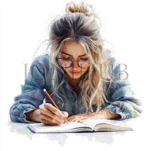 Vrouw schrijven clipart | 10 JPG's van hoge kwaliteit | Digitale download | Vrouwelijke schrijfster | Mooi meisje aan het schrijven | Inspirerend | Digitale clipart
