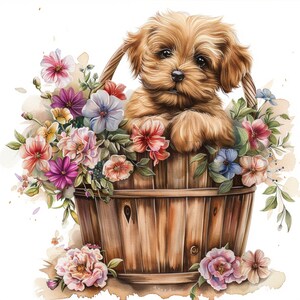 Puppies in Flower Basket Clipart | 10 High Quality JPGs | Digital Download | Clip Art | Animal Clipart | Digital Paper Craft | Card Making
