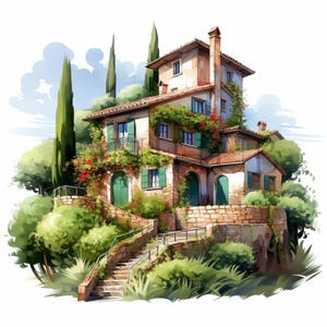 Italian Countryside Houses Clipart | 10 High Quality JPGs | Digital Download | Scenic Art | Watercolor Houses | Clipart Pack | Mixed Media