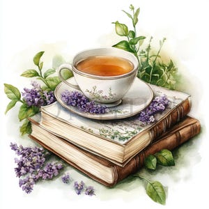 Tea And Book Clipart | 10 High Quality JPGs | Digital Download | Paper Craft | Junk Journals | Vintage Book Clipart | Watercolor Clipart