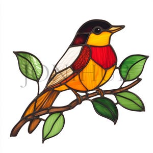 May include: A stained glass bird with red, yellow, and white accents perched on a branch with green leaves.