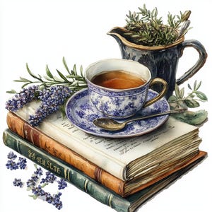Tea And Book Clipart | 10 High Quality JPGs | Digital Download | Paper Craft | Junk Journals | Vintage Book Clipart | Watercolor Clipart