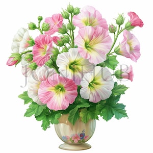 Vase Of Hollyhocks Clipart | 10 High Quality JPG&#39;s | Digital Download | Flower Illustrations | Floral Graphics | Botanical Clipart