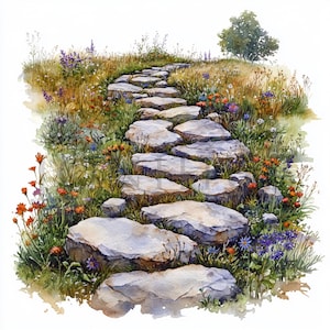 Puede incluir: Un camino de piedra serpentea a través de un campo de flores silvestres. El camino está hecho de piedras planas y grises y está rodeado de hierba verde y flores coloridas.