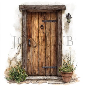 May include: A rustic wooden door with iron accents and a ring handle, set in a whitewashed stone wall with a small potted plant and a lantern on the side.