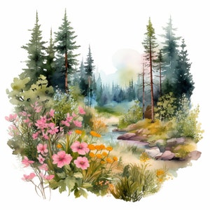 Clipart forêt florale - 10 JPG de haute qualité | Aquarelle | Planificateurs numériques | Journaux indésirables | Nature | Téléchargement numérique | Un usage commercial