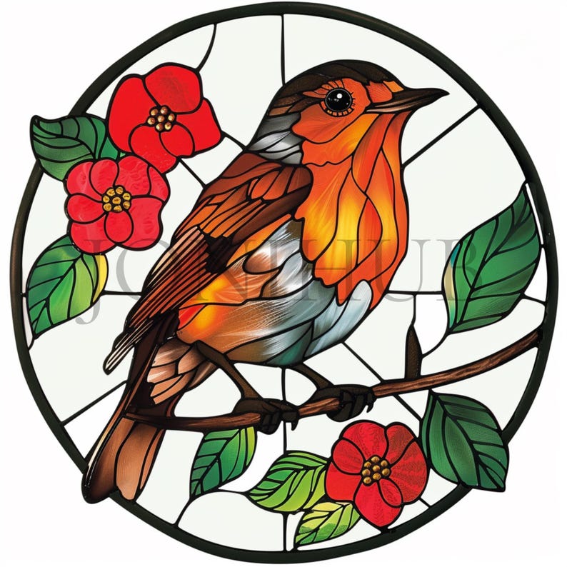 May include: A stained glass window depicting a robin perched on a branch with red flowers and green leaves. The robin is orange, brown, and blue.