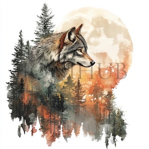 Wolf in het bos-clipart | 5 JPG's van hoge kwaliteit | Digitale download | Illustratie wilde dieren | Wolf-clipart | Natuurclipart | Papier knutselen