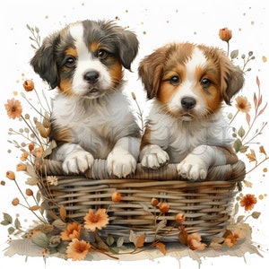 Puppies in Flower Basket Clipart | 10 High Quality JPGs | Digital Download | Card Making | Animal Clipart | Digital Paper Craft | Clip Art