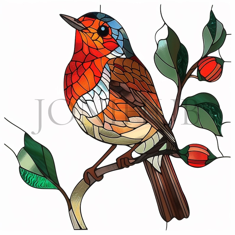 May include: A stained glass robin perched on a branch with red berries. The robin has a red breast, brown wings, and a blue head.