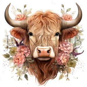Clipart Schotse hooglanders | 10 JPG's van hoge kwaliteit | Digitale download | Hooglandkoe met bloemen | Bloemen dieren clipart | Digitale afdrukken