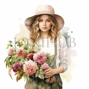 Garden Woman Clipart / 10 JPG di alta qualità / Download digitale / Spring Woman Clipart / Mixed Media / Gardening Girl Art / Woman Clipart