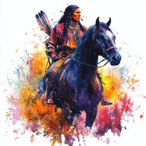 Native Indian On Horse Clipart | 10 High Quality JPGs | Digital Download | Paper Craft | Junk Journal | With Bow | Watercolor Clipart | Art