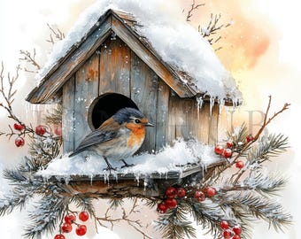 Winter Birdhouse Clipart | 8 High Quality JPGs | Instant Digital Download | Card Making | Bird Clipart | Digital Paper Craft | Scrapbooking