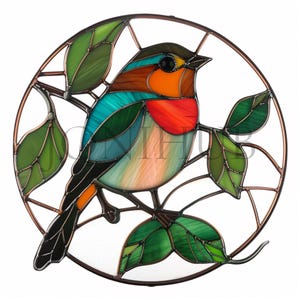 May include: A stained glass window depicting a colorful bird perched on a branch with green leaves. The bird has blue, green, orange, and red colors. The window is circular and has a copper frame.