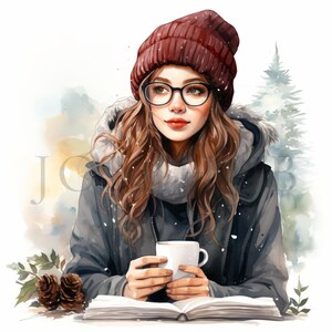 Frau Weihnachten gemütlich Clipart | 10 hochwertige JPGs | Digitaler Download | Papiermodelle | Junk Journal | Frau mit Tee | Aquarell Clipart