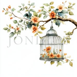 Floral Bird Cage Clipart | 10 JPGs de alta qualidade | Download digital | Junk Journal | Pássaros de flores, clipart de aquarela para impressão | Paper Craft