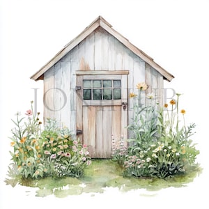 Garden Shed Clipart | 10 JPGs de alta qualidade | Download digital | Cena de aquarela de Garden Shed | Pacote de clipart rústico | Cottagecore clipart