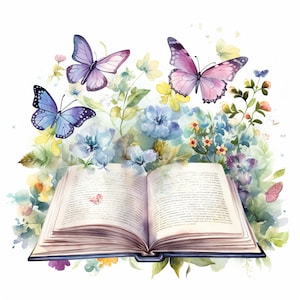 Floral Books Clipart, Book Butterfly, 10 High Quality PNGs, Nursery Art, Digital Download, Card Making, Books Clipart, Digital Paper Craft