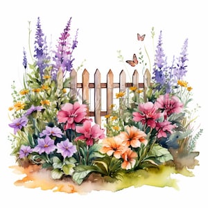 Zaun und Wildblumen Clipart | 10 hochwertige JPGs | Digitaler Download | Wildblumen Grafiken | Kunstwerk | Gartenkunst | Zaun Illustrationen