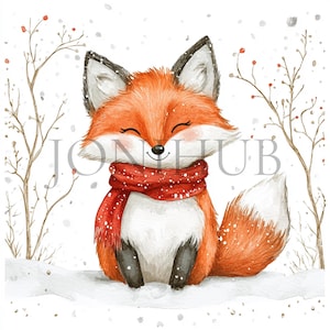 Fox in Winter Clipart | 10 High Quality JPG&#39;s | Digital Download | Mixed Media | Watercolor Art | Winter Animal Illustration | Snowy Fox Art