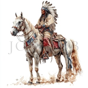 Clipart di nativi indiani a cavallo / 10 JPG di alta qualità / Download digitale istantaneo / Artigianato di carta / Diario spazzatura / Con fiocco, clipart acquerello