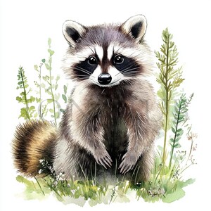 Raton laveur dans la forêt Clipart | 10 fichiers JPG de haute qualité | Téléchargement numérique | Clipart aquarelle imprimable | Créations numériques en papier | Journal indésirable