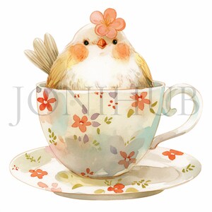Cute Bird in a Cup Clipart | 10 High Quality JPG&#39;s | Digital Download | Adorable Bird | Card Making | Watercolor Painting | Bird Clipart