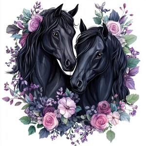 Bloemen zwarte paarden clipart | 10 JPG's van hoge kwaliteit | Digitale download | Gebloemde paarden | Commercieel gebruik | Illustratie paard | Wilde paarden