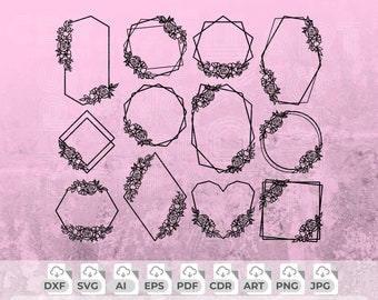 Peut inclure: Un ensemble de 12 cadres géométriques floraux noirs avec une variété de formes, y compris des cercles, des carrés, des hexagones et des cœurs. Les cadres sont parfaits pour ajouter une touche d'élégance à tout projet de design.